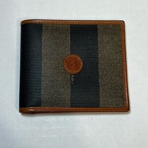 FENDI Pequin Patterned Bifold Wallet Brown/Black PVC‎ & Cognac Leather
